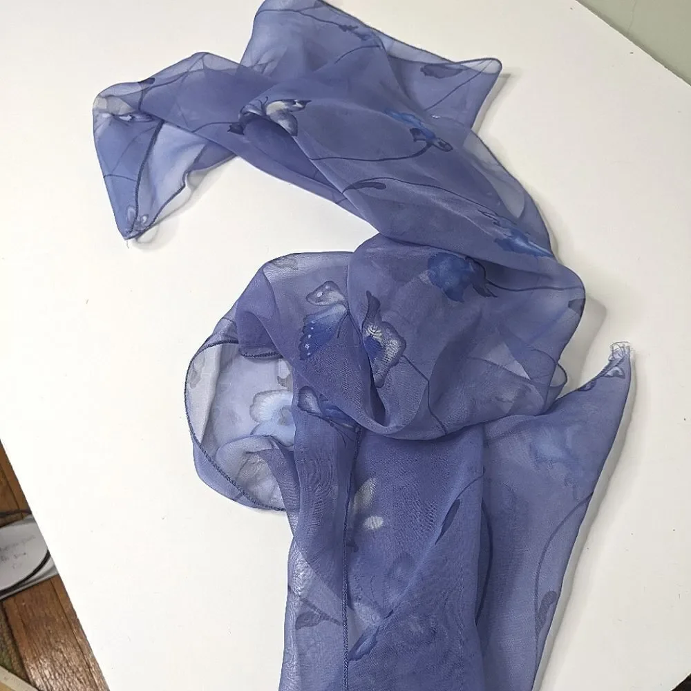 Blue Floral & Butterfly Design Sheer Oblong Scarf